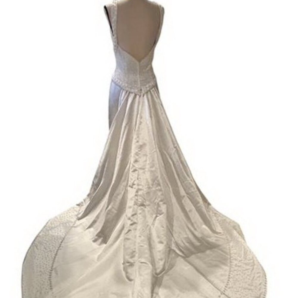 Demetrios Ivory Pearl Embellished Detachable Train Wedding Gown